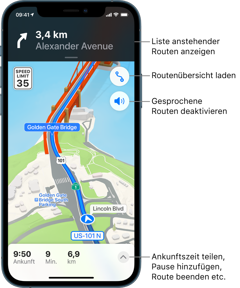 Eine Karte mit einer Fahrtroute, die auf eine Brücke führt.