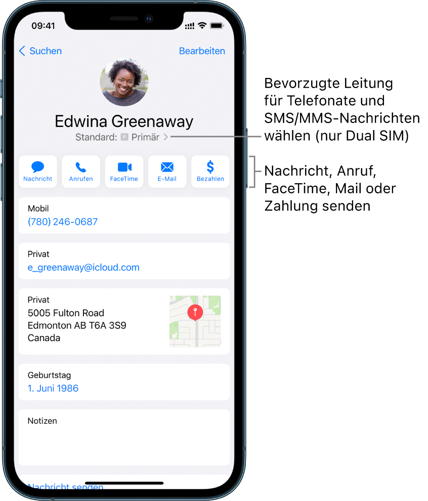 Der Informationsbildschirm für einen Kontakt. Oben werden das Foto und der Name des Kontakts angezeigt. Darunter befinden sich die Tasten zum Senden einer Nachricht, zum Tätigen eines Telefon- oder FaceTime-Anrufs sowie zum Senden einer E-Mail-Nachricht und von Geldbeträgen mit Apple Pay. Unter den Tasten sind die Informationen des Kontakts zu sehen.