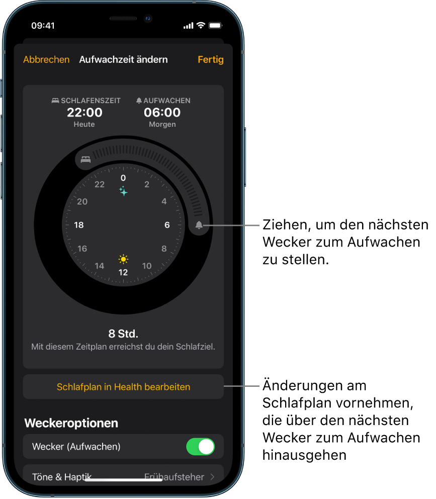 Ein Bildschirm zum Ändern des Weckers zum Aufwachen für morgen. Durch Ziehen kann mit jeweiligen Symbolen die Schlafenszeit und die Aufwachzeit verändert werden. Außerdem ist eine Taste zum Ändern des Schlafplans in der App „Health“ zu sehen sowie eine Taste zum Aktivieren oder Deaktivieren des Weckers zum Aufwachen.