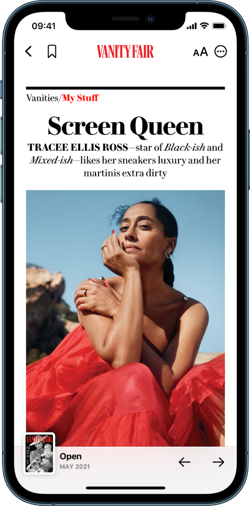 Ein Bildschirm zeigt eine Story eines Magazins. Oben befinden sich die Tasten „Zurück“, „Textgröße ändern“ und „Teilen“. Der Name der Publikation wird ebenfalls oben angezeigt. Die Story erscheint unter den Tasten. Unten auf dem Bildschirm befindet sich die Taste „Contents“ (durch ein Miniaturbild des Magazincovers dargestellt) und rechts sind die Tasten „Previous“ und „Next“.