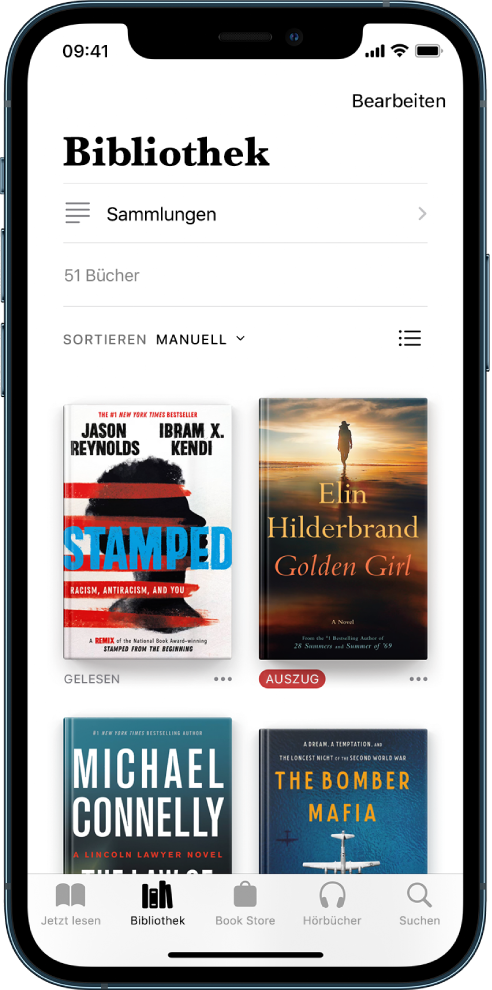 Der Bildschirm „Bibliothek“ in der App „Bücher“. Oben auf dem Bildschirm befinden sich die Taste „Sammlungen“ und die Sortieroptionen. Die Sortieroption „Zuletzt“ ist ausgewählt. In der Mitte des Bildschirms werden die Cover der Bücher in der Bibliothek angezeigt. Unten auf dem Bildschirm sind von links nach rechts die Tabs „Jetzt lesen“, „Bibliothek“, „Book Store“, „Hörbücher“ und „Suchen“ zu sehen.