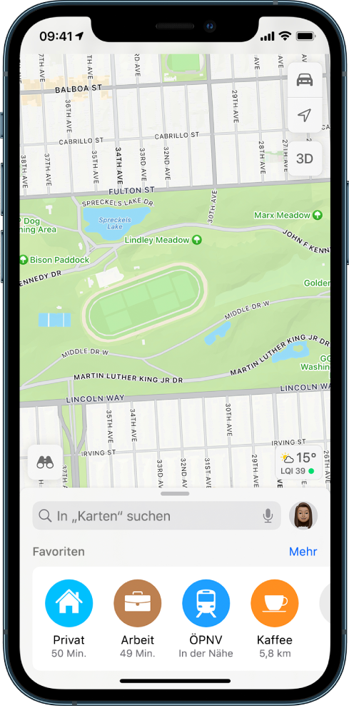 Die Karte eines Parks und vier Favoriten am unteren Bildschirmrand. Die Favoriten sind „Privat“, „Arbeit“, „ÖPNV“ und „Kaffee“.