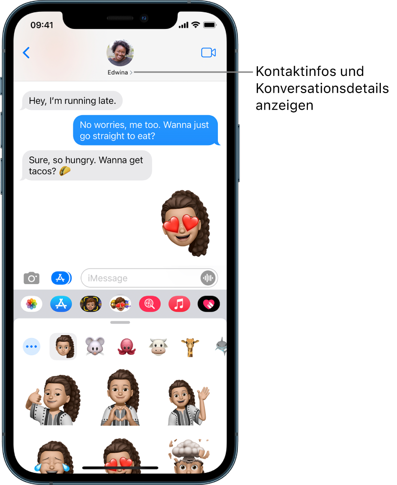 Eine Konversation in der App „Nachrichten“. Oben befinden sich von links nach rechts die Taste „Zurück“ und das Foto der Person, mit der du Nachrichten austauschst. In der Mitte befinden sich die gesendeten oder während einer Konversation empfangenen Nachrichten. Am unteren Rand sind von links nach rechts die Tasten „Fotos“, „Stores“, „Apple Pay“, „Memoji“, „Hashtag-Bilder“, „Musik“ und „Digital Touch“ zu sehen.