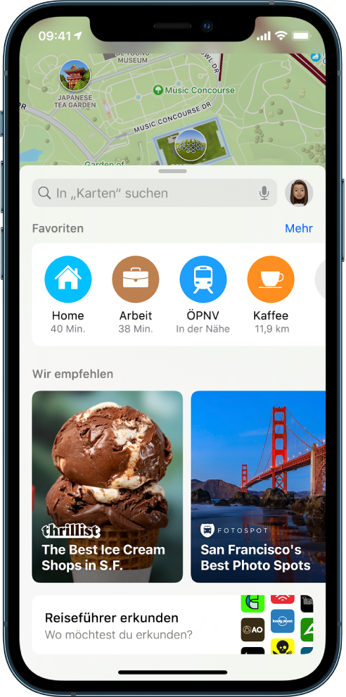 Die Taste „Reiseführer erkunden“ befindet sich unten auf der Suchkarte“.