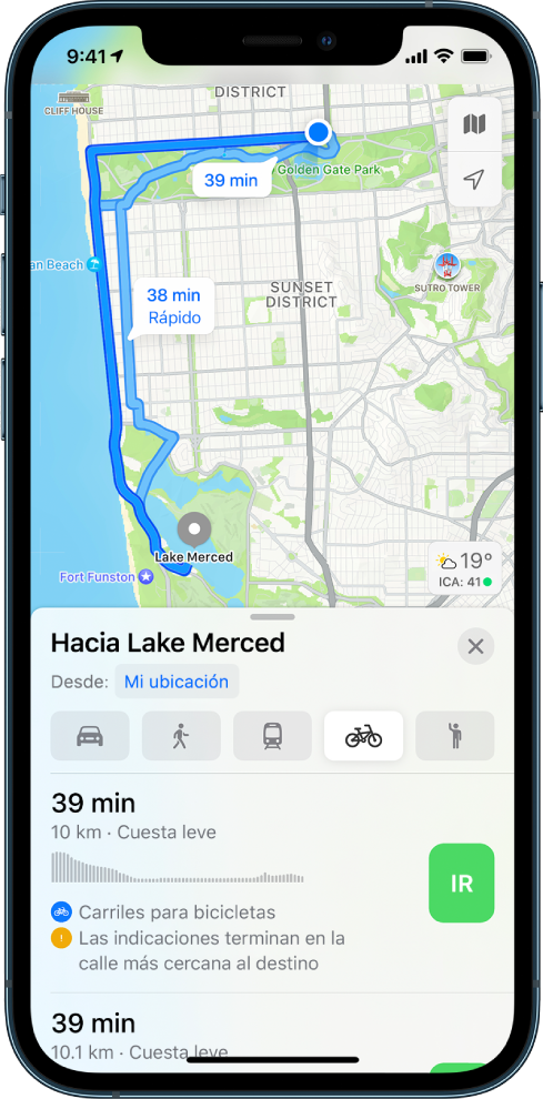 Un mapa mostrando dos rutas en bicicleta. La tarjeta de la ruta en la parte inferior ofrece detalles para la primera ruta, incluyendo el tiempo estimado, los cambios de altitud y los tipos de calles. Junto a la descripción de la ruta se muestra el botón Ir.