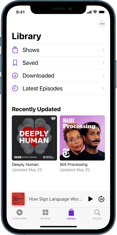 Vahekaardil Library kuvatakse hiljuti jälgitud podcaste.