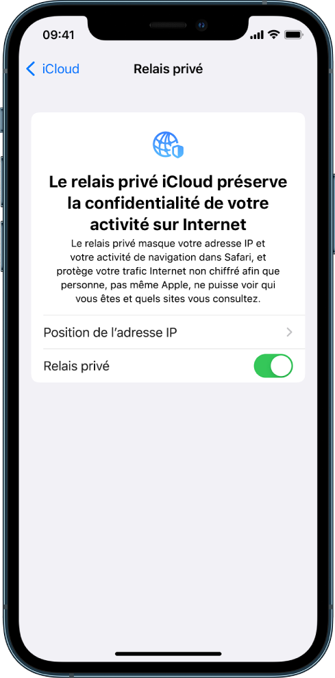 L’écran Réglages permettant d’activer ou de désactiver « Relais privé ».