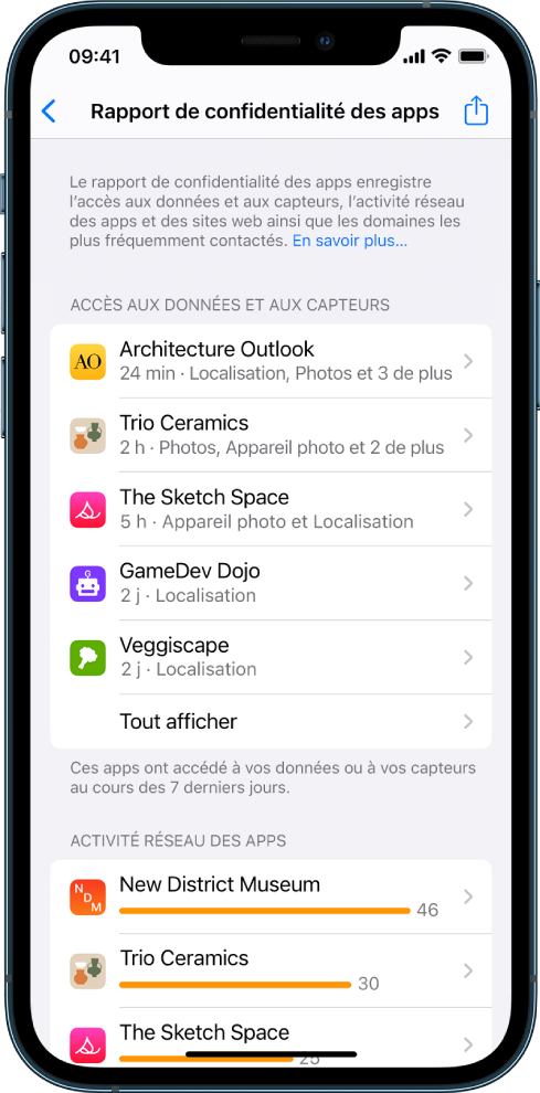 Un rapport de confidentialité des apps présentant une liste d’informations sur cinq apps pour la catégorie « Accès aux données et aux capteurs », et des informations sur trois apps pour la catégorie « Activité réseau des apps ».