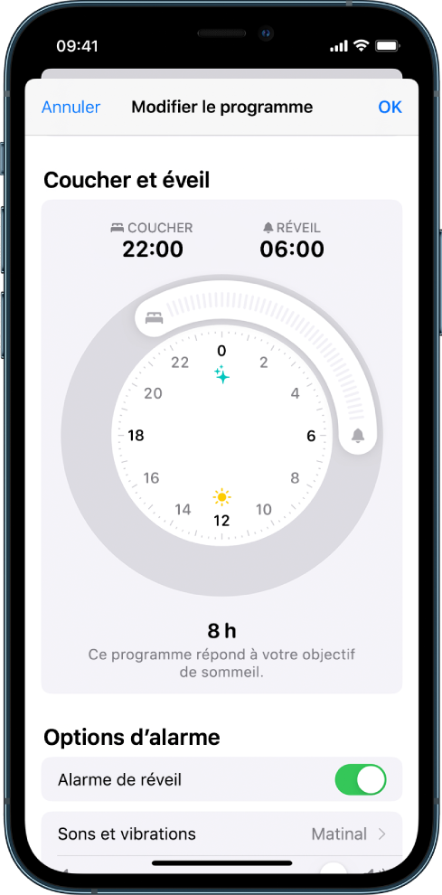 Un écran montrant Sommeil défini à 22 h aujourd’hui et Réveil à 6 h demain. L’alarme de réveil est activée et le son d’alarme est Matinal.