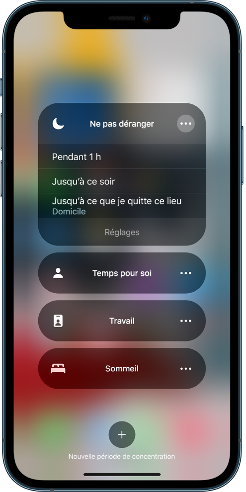L’écran de sélection de la durée de la fonctionnalité « Ne pas déranger ». Les différentes options disponibles sont : « Pendant 1 heure », « Jusqu’à ce soir » et « Jusqu’à ce que je quitte ce lieu ».