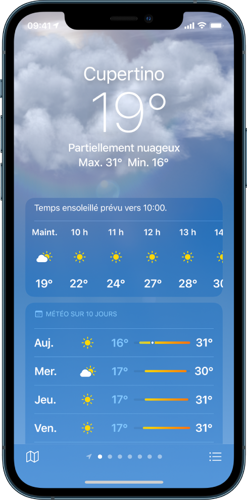 L’écran Météo affichant de haut en bas : le lieu, la température actuelle, les températures minimales et maximales du jour, les prévisions heure par heure ainsi que celles des dix prochains jours. Une rangée de points en bas au centre indique le nombre de lieux qui figurent dans la liste des lieux. Les boutons « Liste des lieux » et « Afficher le plan » se trouvent respectivement dans le coin inférieur droit et le coin inférieur gauche.