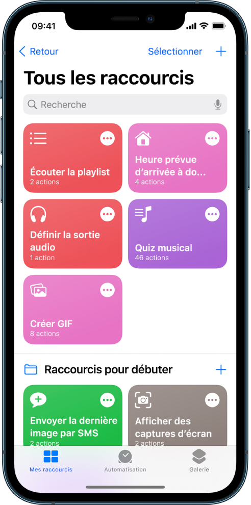 L’onglet « Mes raccourcis ». Une liste de raccourcis figure en dessous. Ils permettent de réaliser des tâches quotidiennes, telles que régler un minuteur pour un thé ou trouver un restaurant de sushis. En bas de l’écran se trouvent les onglets Automatisation et Galerie.