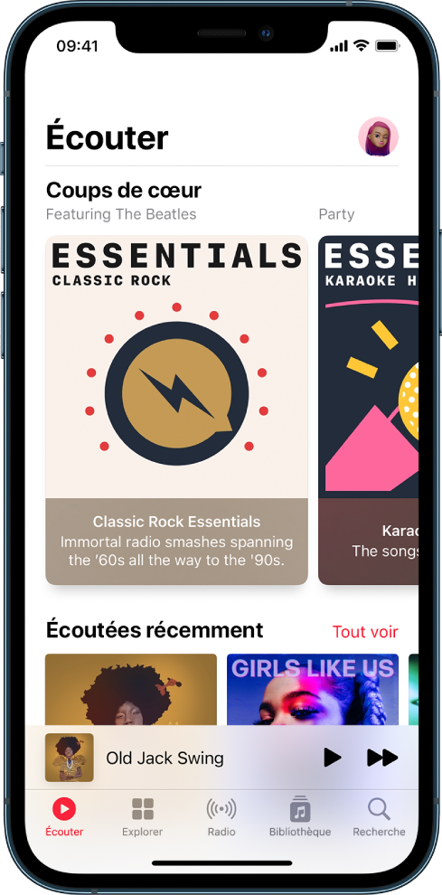 Écran Écouter montrant le bouton de profil en haut à droite. Des playlists « Sélectionné pour vous » s’affichent en dessous. Sous « Sélectionné pour vous » se trouve la section « Morceaux récents », avec deux albums.