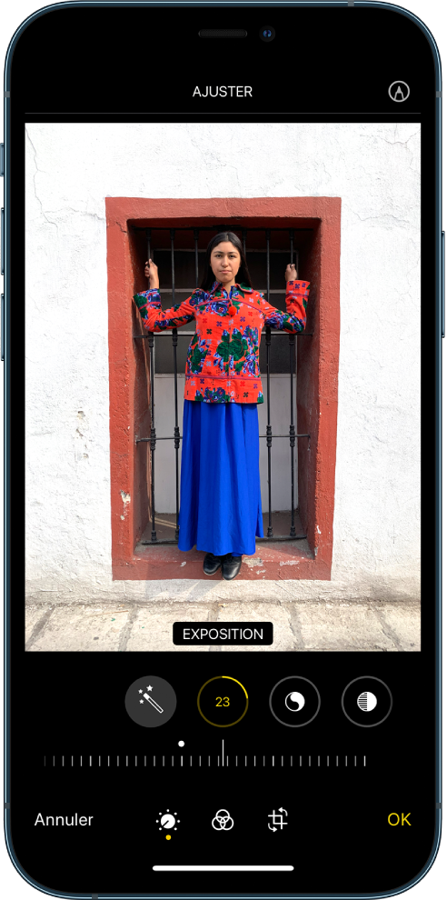 L’écran Modifier avec une photo au centre. Sous la photo se trouvent les boutons d’édition Améliorations, Exposition, Brillance et « Tons clairs ». L’option Luminosité est sélectionnée. Sous les boutons de modification, un curseur permet de régler les niveaux de luminosité. Sous ce curseur se trouvent, de gauche à droite, les boutons Ajuster, Filtres, Recadrer et OK. Le bouton Annoter se trouve dans le coin supérieur droit.