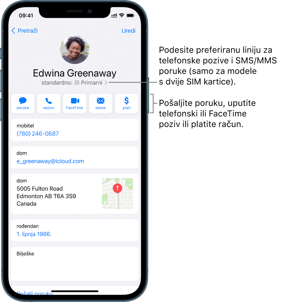 Info zaslon za kontakt. Pri vrhu se nalazi fotografija i ime kontakta. Ispod su tipke za slanje poruka, upućivanje telefonskih poziva, upućivanje FaceTime poziva, slanje e-mail poruka i slanje novca značajkom Apple Pay. Ispod tipki nalaze se kontaktne informacije.