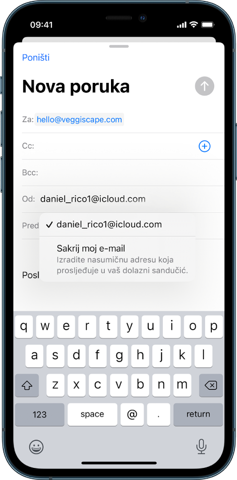Sastavlja se skica e-maila. Odabrano je polje Od s dvije opcije navedene ispod njega— osobna e-mail adresa i Sakrij moj e-mail.