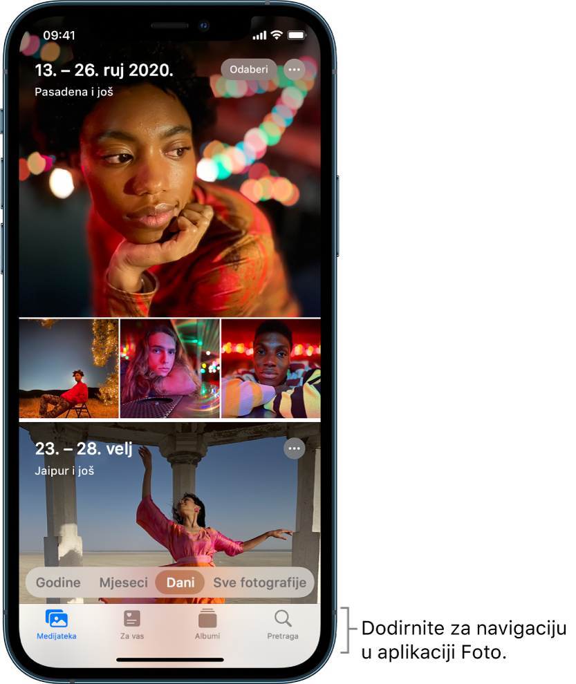 Medijateka fotografija prikazana u prikazu Dani. Nekoliko minijatura fotografija ispunjavaju zaslon. U gornjem lijevom dijelu zaslona nalaze se datum i lokacija na kojoj su fotografije snimljene. U gornjem desnom dijelu nalaze se tipke Odaberi i Više opcija za dijeljenje fotografija i pregled detalja. Ispod minijatura nalaze se opcije za prikaz medijateke fotografija prema karticama Godine, Mjeseci, Dani i Sve fotografije. Duž dna nalaze se tipke Medijateka, Za vas, Albumi i Pretraživanje.