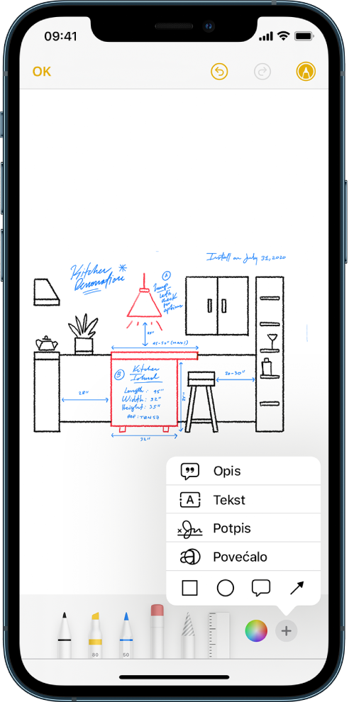 Dijagram preuređenja kuhinje označen je u aplikaciji Bilješke. Alatna traka Obilježavanje s alatima za crtanje i izbornikom boja pojavljuje se na dnu zaslona. Izbornik s opcijama za dodavanje teksta, opisa, potpisa, povećala i oblika prikazan je u donjem desnom kutu.