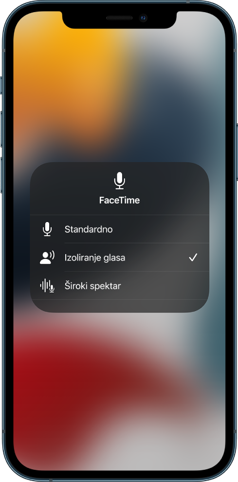 Postavke mikrofona u Kontrolnom centru za FaceTime pozive koje prikazuju audio postavke Standardno, Izoliranje glasa i Široki spektar.