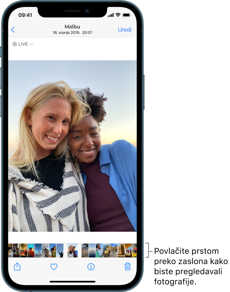 Fotografija s minijaturama drugih fotografija na dnu zaslona. Na vrhu lijevo nalazi se tipka natrag koja vas vodi natrag na prikaz u kojem ste pretraživali. Duž dna nalaze se tipke za brisanje, označavanje sa sviđa mi se i brisanje. Gore desno nalazi se tipka Uredi.