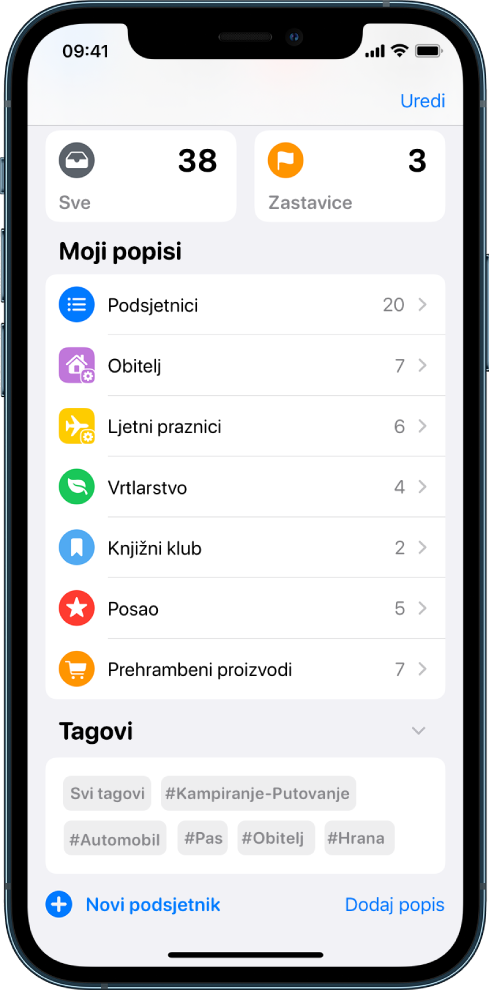 Zaslon koji prikazuje popis u aplikaciji Podsjetnici. Preglednik tagova nalazi se pri dnu.