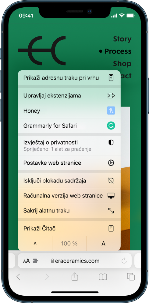 Izbornik Postavke stranice. Na vrhu se nalazi opcija Prikaži adresnu traku pri vrhu. Ispod nje nalazi se opcija Upravljanje ekstenzijama koju prate instalirane ekstenzije: Honey i Grammarly za Safari.