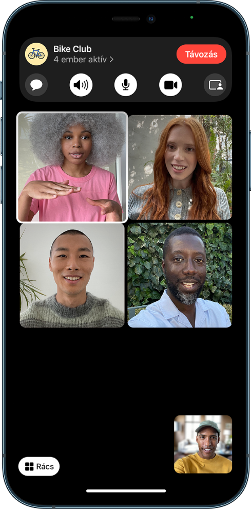 Csoportos FaceTime-hívás rácsnézetben. Minden résztvevő azonos méretű mozaikon jelenik meg, és annak a személynek a mozaikja van kiemelve, aki éppen beszél.
