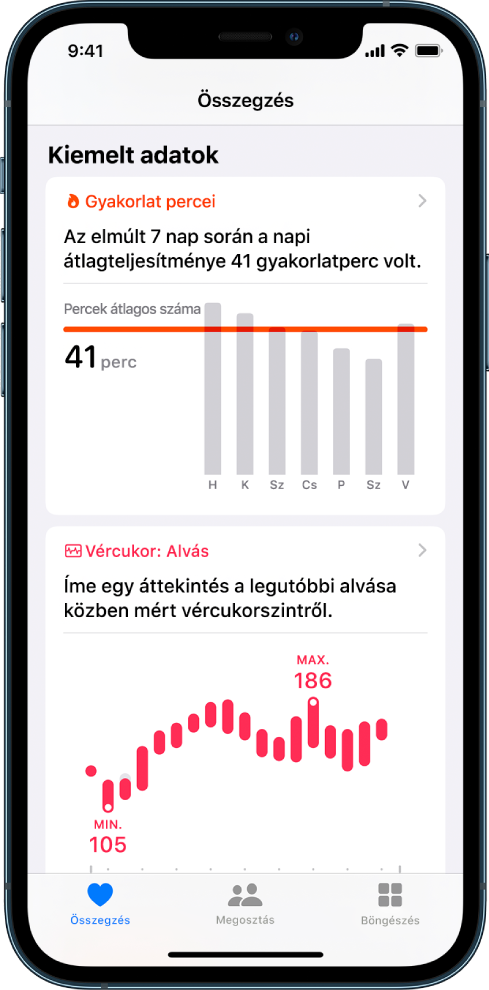 Egy Összefoglalás képernyő a gyakorlat perceit és az alvás alatti vércukrot tartalmazó kiemelésekkel.