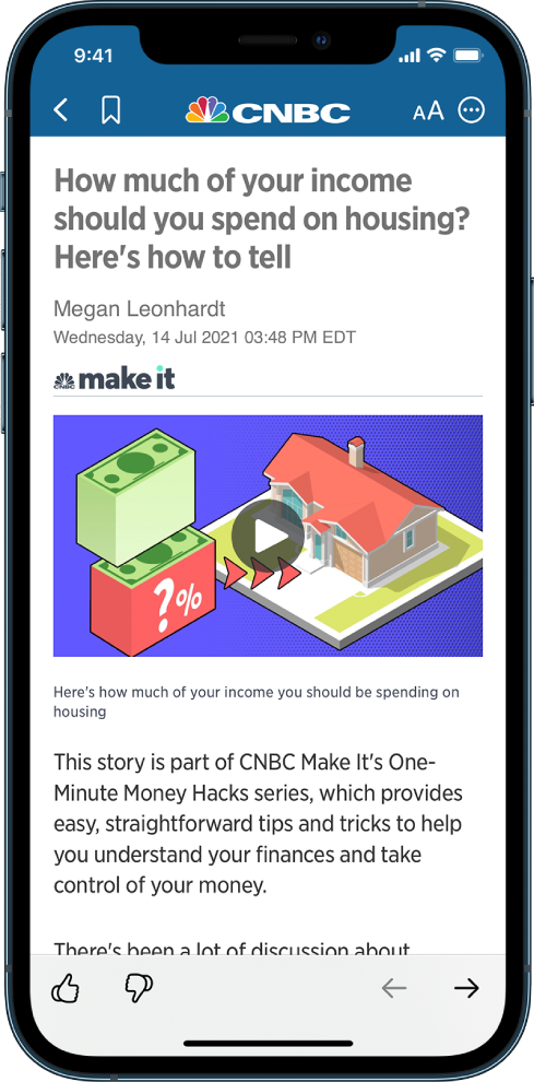 Egy hírcsatorna cikkét megjelenítő képernyő. A tetején található a Back, a Resize Text és a Share gomb. Szintén a tetején található a csatorna neve. A gombok alatt egy nagy kép és egy címsor látható. A képernyő alján a Suggest More, a Suggest Less, a Previous és a Next gomb látható.