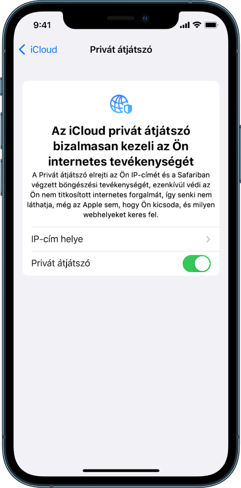 A Beállítások képernyője, amelyen keresztül be- és kikapcsolhatja a Privát átjátszót.