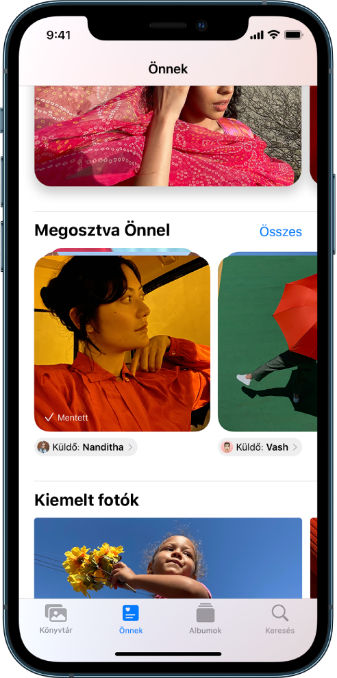 A Fotók appban az Önnek képernyőn az Önnel megosztott fotógyűjtemények láthatók. Az egyes gyűjtemények alatt a fotókat megosztó kontakt neve és a válaszíráshoz használható gomb jelenik meg.