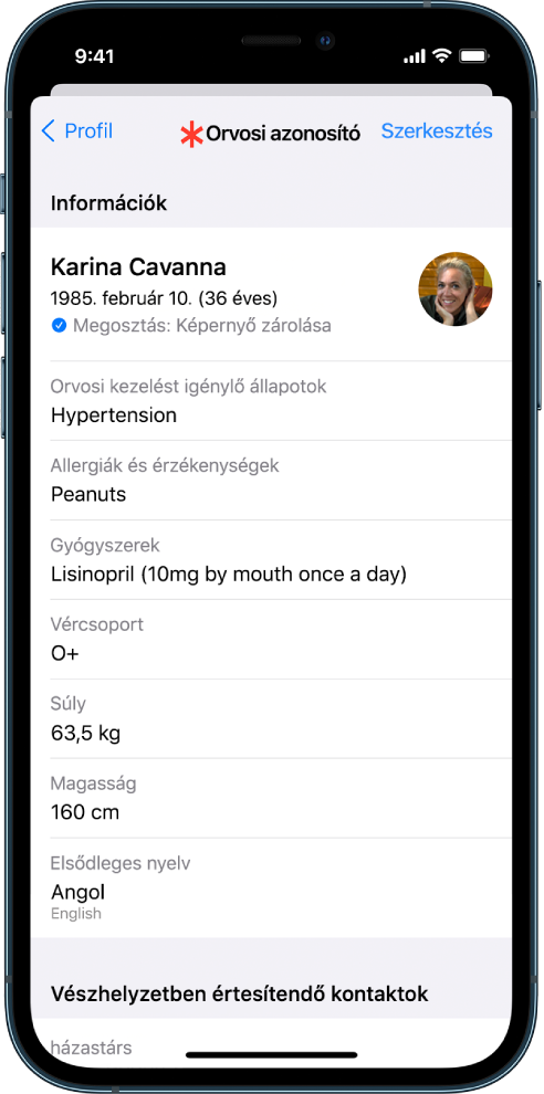 Az orvosi azonosító képernyője, amelyen különböző információk láthatók, például a születési dátum, az egészségi állapot, a gyógyszerek és a vészhelyzet esetén értesítendő kontakt.