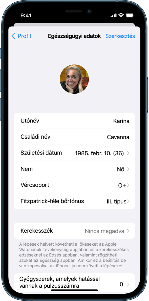 Az egészségügyi adatok képernyője egy 36 éves nő adataival.