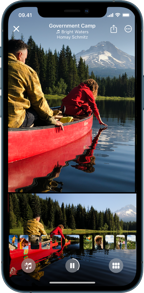 Layar memori menampilkan video di bagian atas. Di bawah video terdapat koleksi foto.