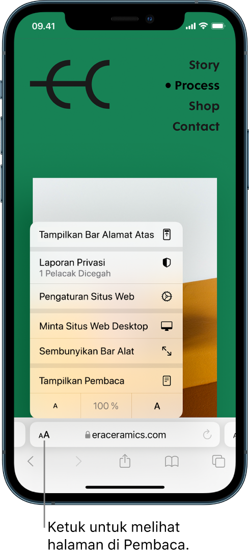 Menu Pengaturan Halaman. Di bagian bawah menu terdapat pilihan Tampilkan Pembaca.