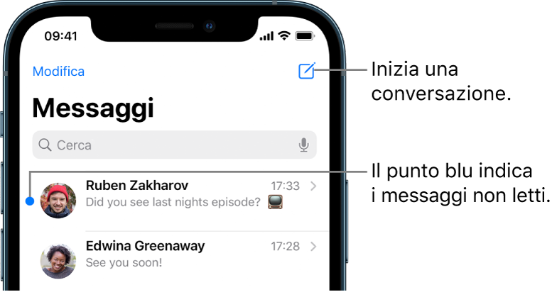 L'elenco di Messaggi con il pulsante Modifica in alto a sinistra, mentre il pulsante Scrivi si trova in alto a destra. Un pallino blu a sinistra del messaggio indica che non è stato letto.