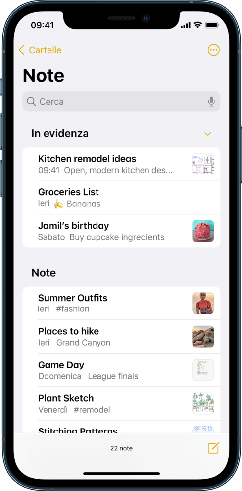 L’elenco delle note con il campo di ricerca nella parte superiore.