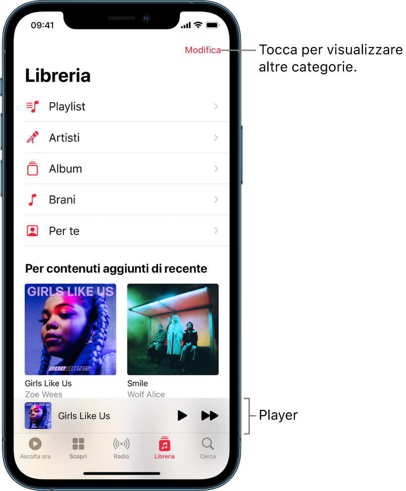 La schermata Libreria che mostra un elenco di categorie tra cui Playlist, Artisti, Album e Brani. Sotto l'elenco compare il titolo “Aggiunti di recente”. Il lettore che mostra il titolo del brano attuale e i pulsanti Riproduci e Avanti vengono visualizzati in basso.