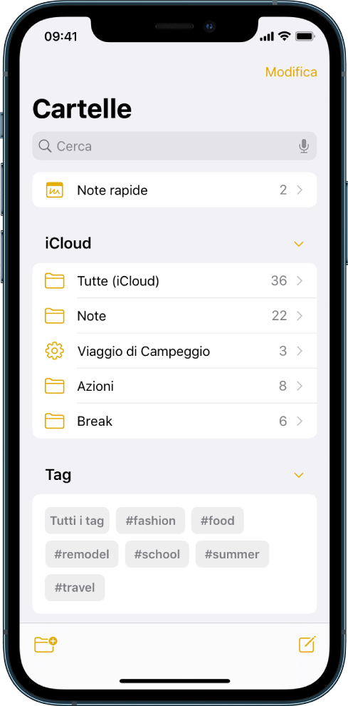 L’elenco delle cartelle con il campo di ricerca nella parte superiore.