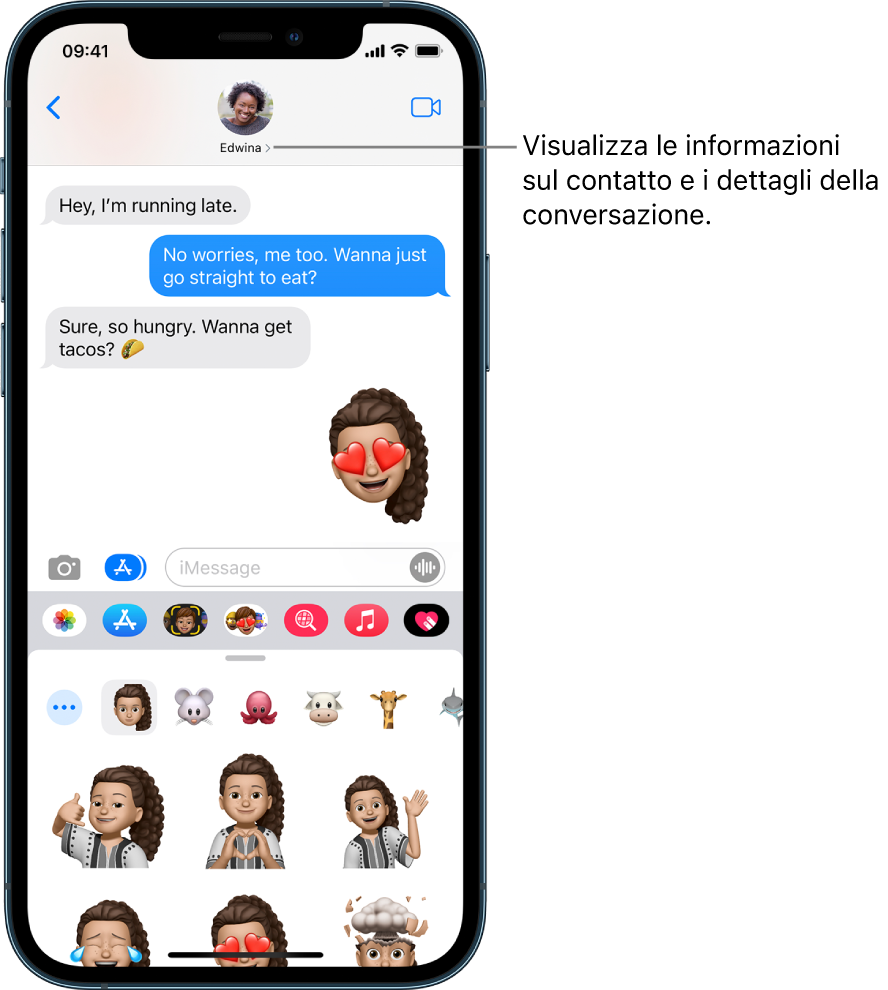 Una conversazione di Messaggi. Nella parte superiore, da sinistra verso destra, si trovano il pulsante Indietro e la foto della persona a cui stai scrivendo i messaggi. Al centro si trovano i messaggi inviati e ricevuti durante una conversazione. Lungo la parte inferiore dello schermo, sono presenti, da sinistra a destra, i pulsanti per Foto, Store, Apple Pay, Memoji, hashtag immagini, Musica e Digital Touch.