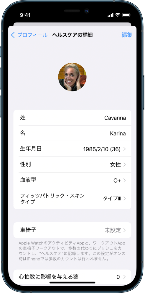 36歳の女性の「ヘルスケアの詳細」画面。