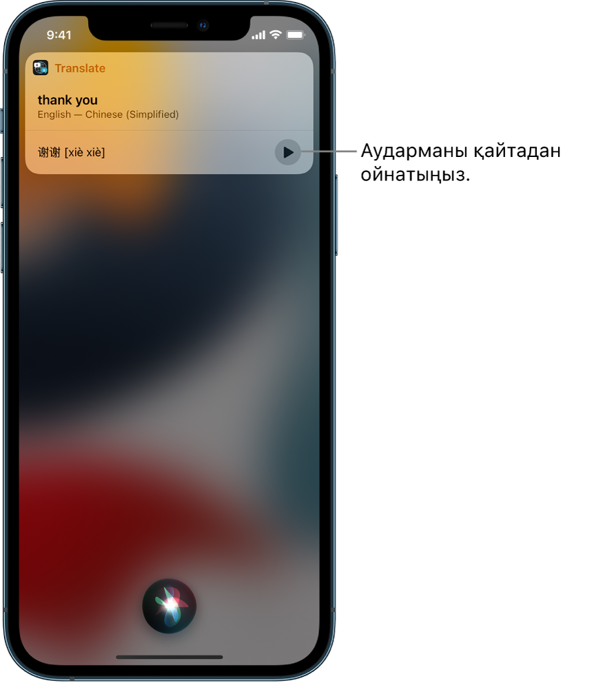 Siri көмекшісі ағылшынша «thank you» тіркесінің мандарин тіліне аудармасын көрсетеді. Аударманың оң жағындағы түйме аударманың дыбысын қайта ойнатады.
