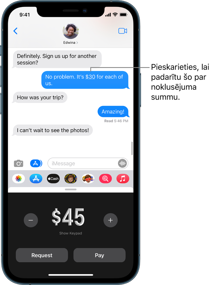 iMessages sarakste un apakšdaļā atvērta lietotne Apple Pay.