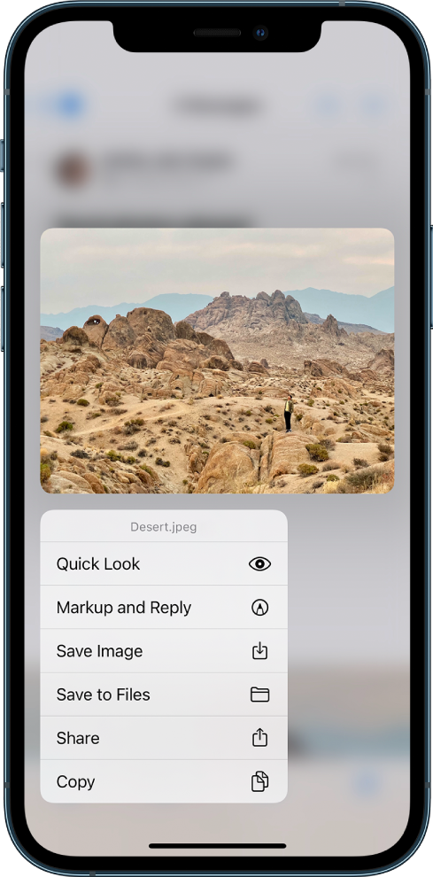 Atlasīts e-pasta pielikums ar iespējamām darbībām. Iespējas ietver Quick Look, Markup and Reply, Save Image, Save to Files, Share un Copy.
