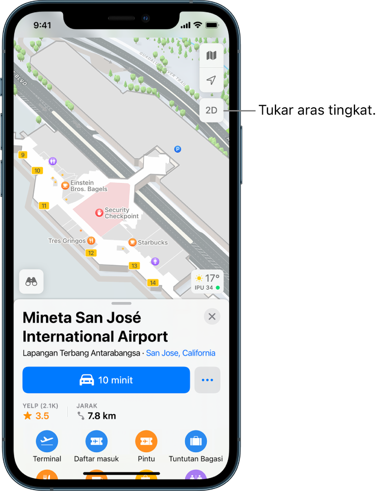 Peta dalaman terminal lapangan terbang. Peta menunjukkan perniagaan dan pintu naik.