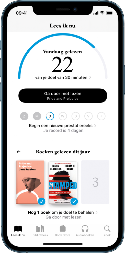Het gedeelte 'Leesdoelen' in 'Lees ik nu'. De leesteller geeft aan dat 10 minuten van een doel van 20 minuten zijn gedaan. Onder de teller zie je een knop 'Ga door met lezen' en cirkels voor de dagen van de week (zondag tot en met zaterdag). Blauwe randen rond de cirkel geven de leesvoortgang voor die dag aan. Onder aan de pagina zie je de omslagen van 'Boeken gelezen dit jaar'.