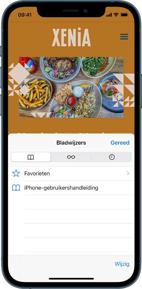 Het scherm 'Bladwijzers' met behalve bladwijzers ook opties voor het weergeven van favorieten en het bekijken van de browsergeschiedenis.