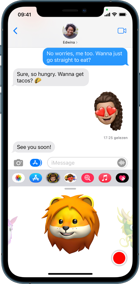 Een Berichten-gesprek waarin een memoji is geselecteerd om te worden opgenomen voordat het gesprek wordt verstuurd.