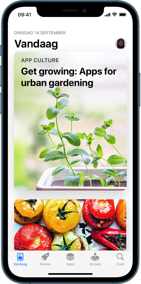 Het Vandaag-scherm in de App Store met een uitgelicht artikel en uitgelichte app. Rechtsbovenin is je profielfoto. Onder in het scherm staan van links naar rechts de tabbladen 'Vandaag', 'Games', 'Apps', 'Arcade' en 'Zoek'.