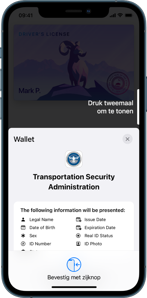 Een scherm met de gegevens waarom bij de controle wordt gevraagd, waaronder je volledige naam, je geboortedatum, het nummer van je identiteitskaart en de foto op de kaart.